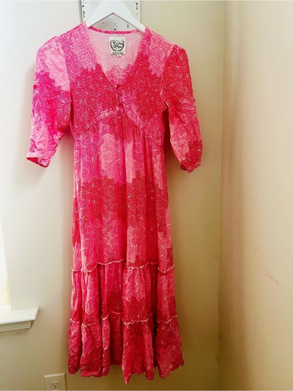 This Sunday Mi Amor brand midi dress with vibrant pink and white floral design